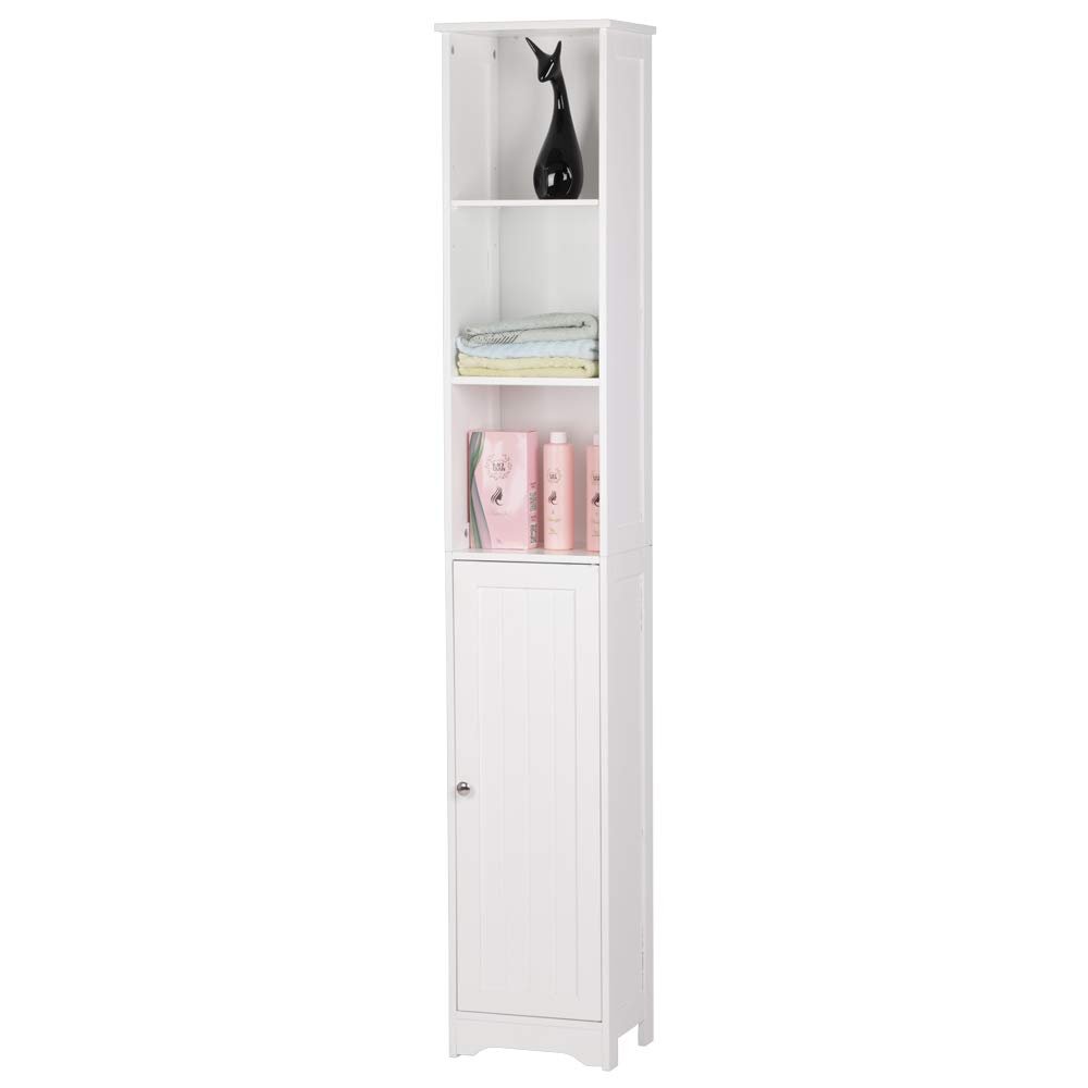 HOBBYN Bathroom Cabinet, One Door & Three Layers Floor Cabinet Storage Organizer Set White