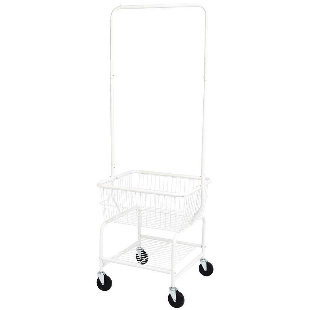 Amazon Basics Rectangular Laundry Hamper Basket Butler Cart with Wheels and Hanging Rack, White