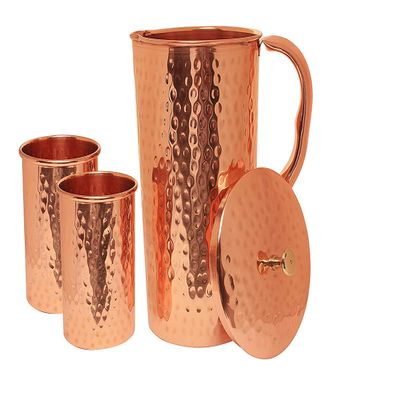 Ukal Handcrafted Copper Jug Tumbler with 2 Glasses Set Drinkware Hammered Finish Ayurveda Health Benefits