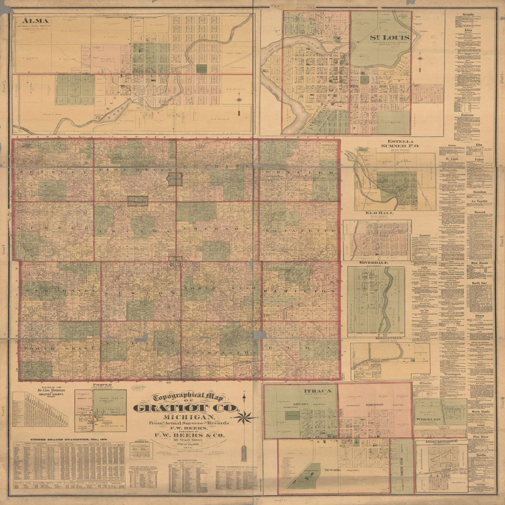 18" x 24" 1876 Topographic Map of Gratiot County Michigan