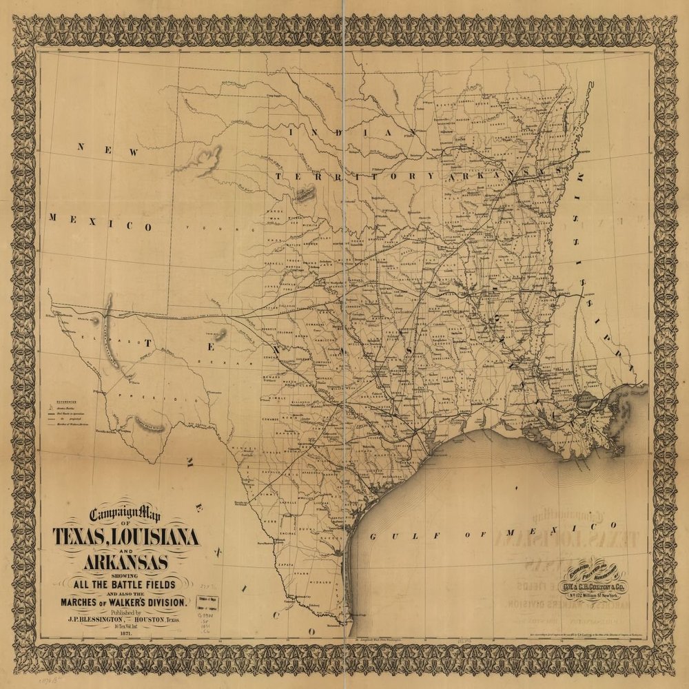 18" x 24" 1871 Campaign Map of Texas Louisiana & Arkansas Showing All The Battle Fields & Also The Marches of Walker's Division