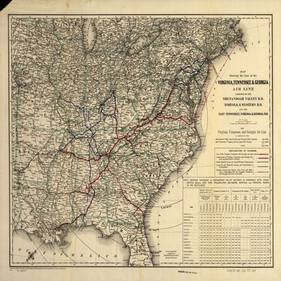 18" x 24" 1881 Map Showing The Line of The Virginia Tennessee & Georgia Air Line Composed of The Shenandoah Valley Norfolk & Western Railroad & The East Tennessee Virginia, Georgia