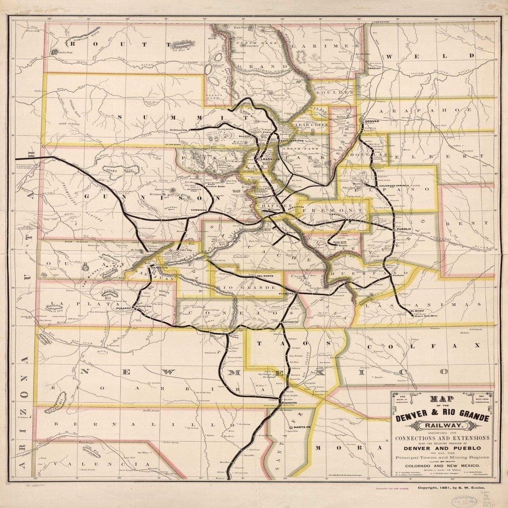 18" x 24" 1881 Map of The Denver & Rio Grande Railway Showing Its Connections & Extensions