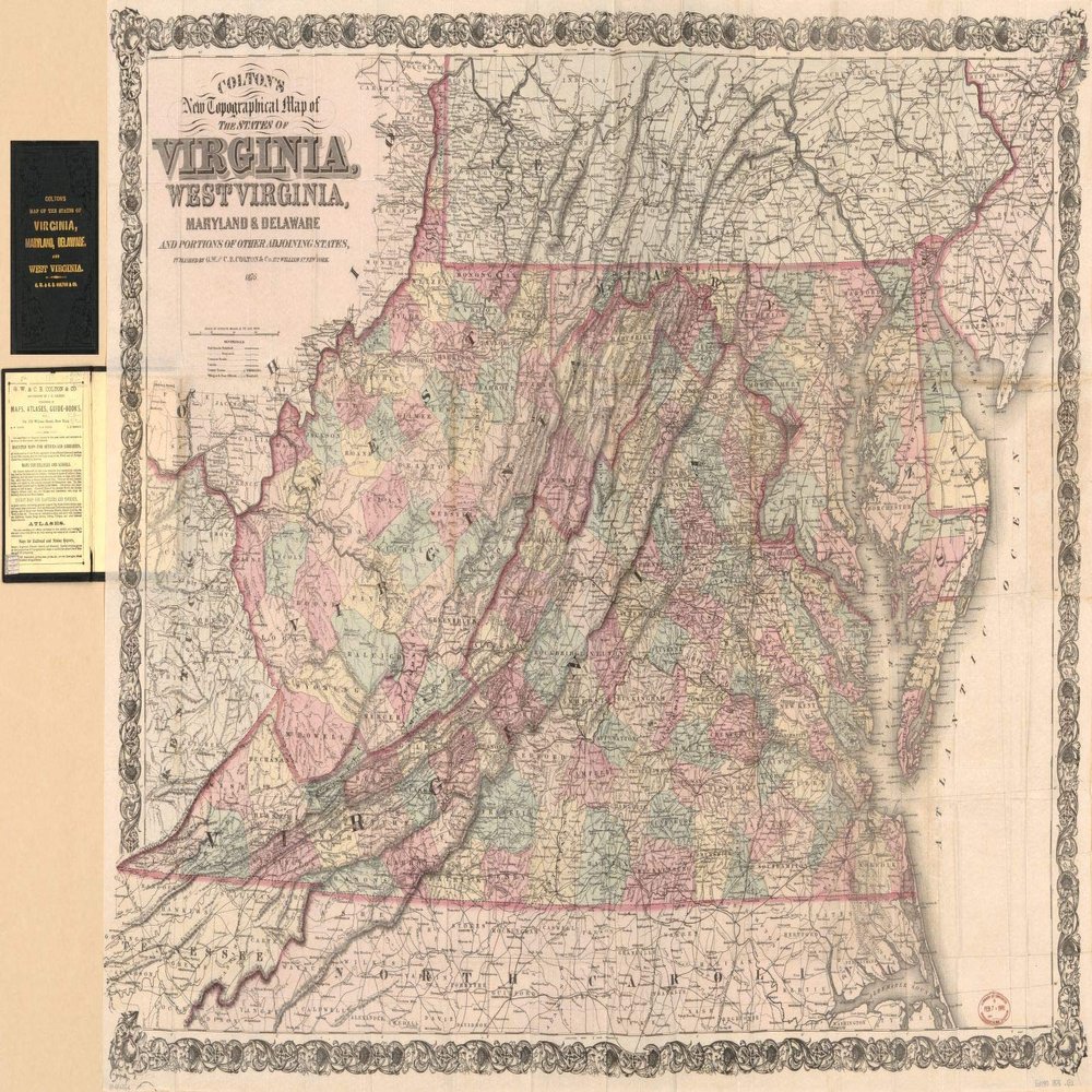 14" x 24" 1876 Colton's New Topographical Map of The States of Virginia West Virginia Maryland & Delaware & Portions of Other Adjoining States