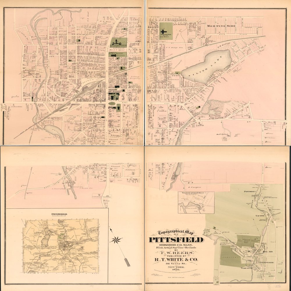 18" x 24" 1876 Topographical Map of Pittsfield Berkshire County Massachusetts