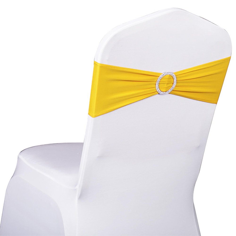 SINSSOWL Pack of 50 Spandex Yellow Chair Sashes Bows Chair Bands with Buckles for Wedding Party Birthday Feast Banquet Restaurant Bridal Shower Decorations