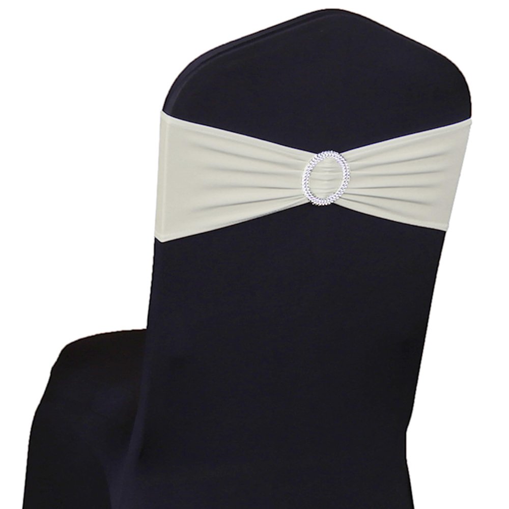 SINSSOWL 50 Pack Spandex Ivory Chair Sashes Bows with Slider Buckles for Wedding Party Feast Banquet Restaurant Event Bridal Baby Shower Decoration