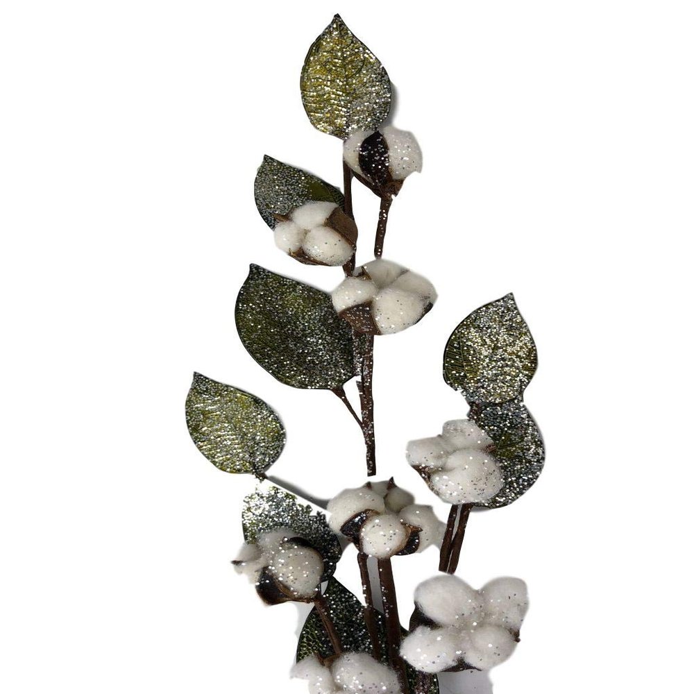 Cotton Floral Spray Holiday Decor Glitter Artificial Cotton Stem 12PC