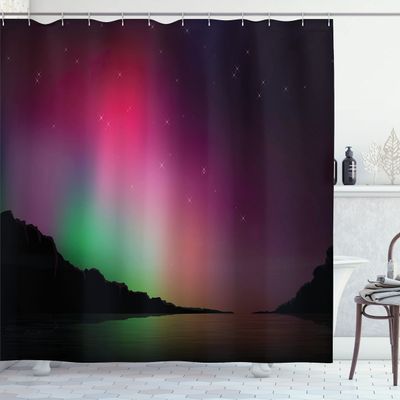 Ambesonne Aurora Borealis Shower Curtain, Northern Natural Occurrence Colorful Weather in Mountain Region Antarctic, Cloth Fabric Bathroom Decor Set with Hooks, 69" W x 84" L, Purple Pink Green