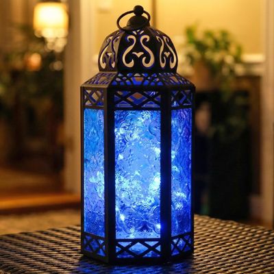 12 Blue Glass Metal Moroccan Decorative Candle Lantern with LED Twinkle Fairy Lights & Remote Table Centerpieces, Indoor Home Decor, Outdoor Patio & Porch, Large