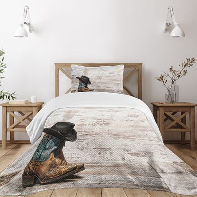 Ambesonne Western Bedspread Set, Traditional Rodeo Cowboy Hat and Boots Retro Grunge Background Art Rustic Wild, 3 Piece Decorative Bedding Coverlet and 2 Pillow Shams, Twin Size, Black and Brown