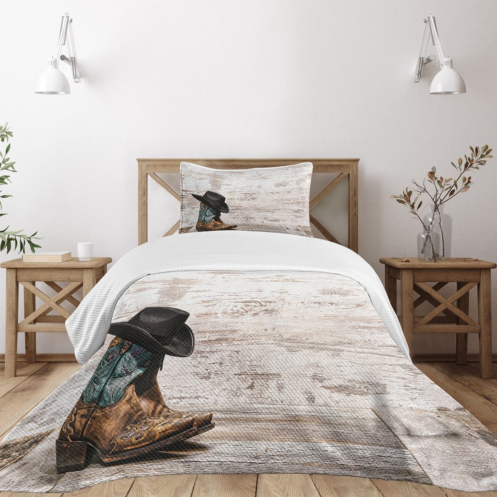 Ambesonne Western Bedspread Set, Traditional Rodeo Cowboy Hat and Boots Retro Grunge Background Art Rustic Wild, 3 Piece Decorative Bedding Coverlet and 2 Pillow Shams, Twin Size, Black and Brown