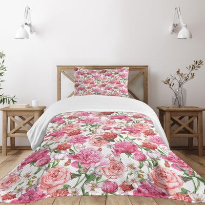 Ambesonne Watercolor Flower Bedspread Set, Victorian Floral Pattern Painting Style Print with Peonies Roses, 3 Piece Decorative Bedding Coverlet and 2 Pillow Shams, Twin Size, White Pink Blush