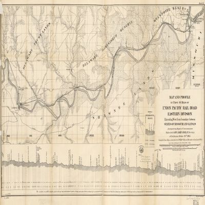 14" x 24" 1865 Map & Profile of First 40 Miles of Union Pacific Rail Road Eastern Division Extending West from Boundary Between States of Missouri & Kansas