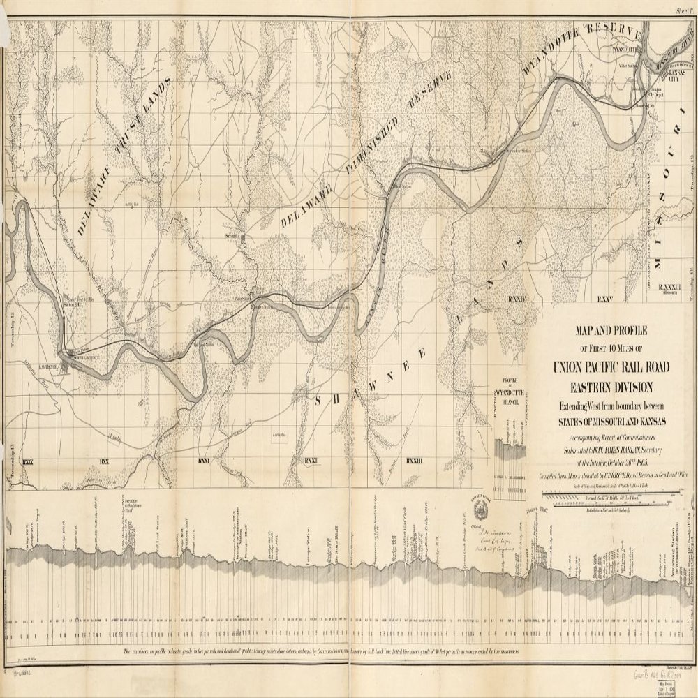 14" x 24" 1865 Map & Profile of First 40 Miles of Union Pacific Rail Road Eastern Division Extending West from Boundary Between States of Missouri & Kansas