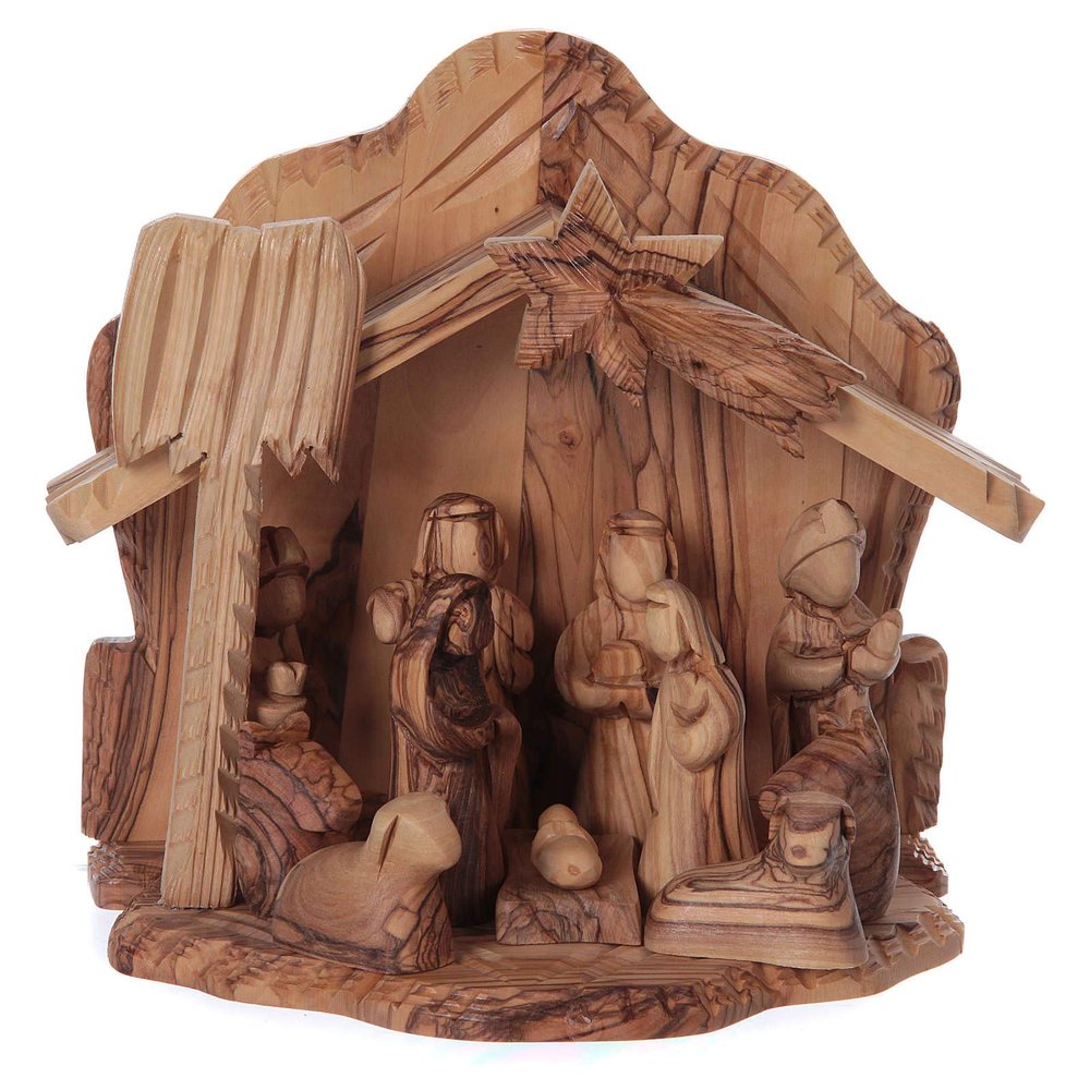 Cottage in Olive Wood Bethlehem with Complete Nativity Stylized 20x20x15 cm