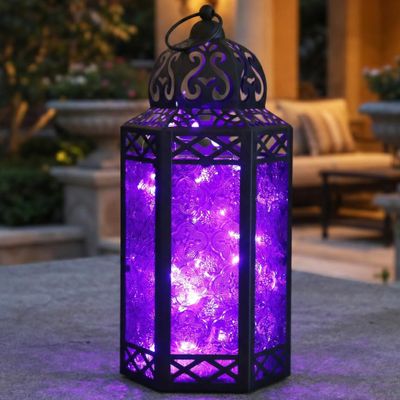 12 Purple Glass Metal Moroccan Decorative Candle Lantern with LED Twinkle Fairy Lights & Remote Gothic Lantern for Halloween Table Centerpieces, Indoor Home Decor, Outdoor Patio & Porch, Large