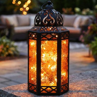 12 Amber/Orange Glass Metal Moroccan Decorative Candle Lantern with LED Twinkle Fairy Lights & Remote Halloween Table Centerpieces, Indoor Home Decor, Outdoor Patio & Porch, Large