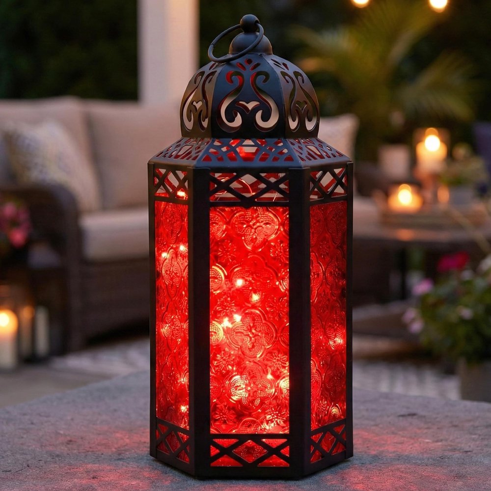 12 Red Glass Metal Moroccan Decorative Candle Lantern with LED Twinkle Fairy Lights & Remote Table Centerpieces, Indoor Home Decor, Outdoor Patio & Porch, Large