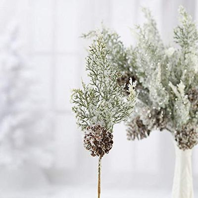 Factory Direct Craft Snowy Artificial Cypress and Pinecone Picks - Pack of 12 Snow and Glitter Accented Pine Stems (Size: 11" H)