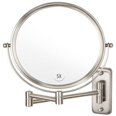 Wall Mounted Makeup Mirror, 1X/5X Magnifying Mirror Double Sided, 8 Inch Extendable Bathroom Mirror for Shaving, Nickel
