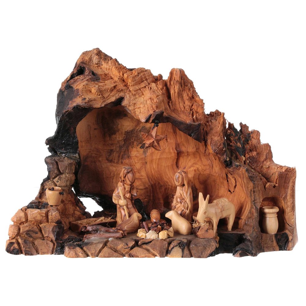 Holyart Nativity Family Scene in Olive Wood in Slanted Stable 20x30x20 cm