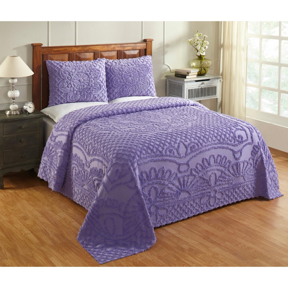 Better Trends Chenille Bedspreads Twin Size, Lavender 100% Cotton Chenille Medallion Design Tufted Bedding Coverlet Soft Lightweight, 96"x110" with 1 PC Sham 2 Pieces Set Trevor Collection