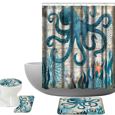 Amagical Sea World Pattern 16 Piece Bathroom Mat Set Shower Curtain Animal Octopus Print Non Slip Blue Bath Mat Pedestal Rug Lid Toilet Cover Fabric Waterproof Shower Curtain with 12 Hooks