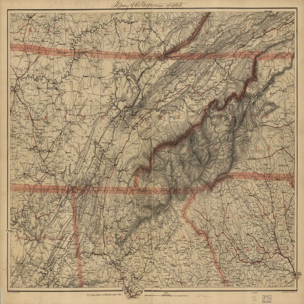 16" x 24" 1865 Map of Eastern Tennessee with Parts of Alabama Georgia South Carolina North Carolina Virginia & Kentucky