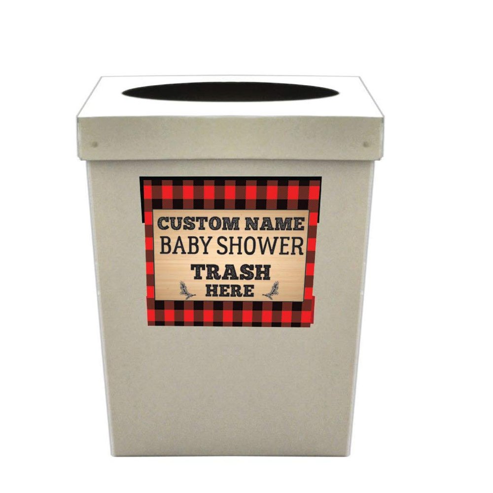 VICTORYSTORE Custom Lumberjack Baby Shower Large Trash Cans - Disposable and Recyclable Cardboard 4 Side Printing with Lid Buffalo Plaid Design (5)
