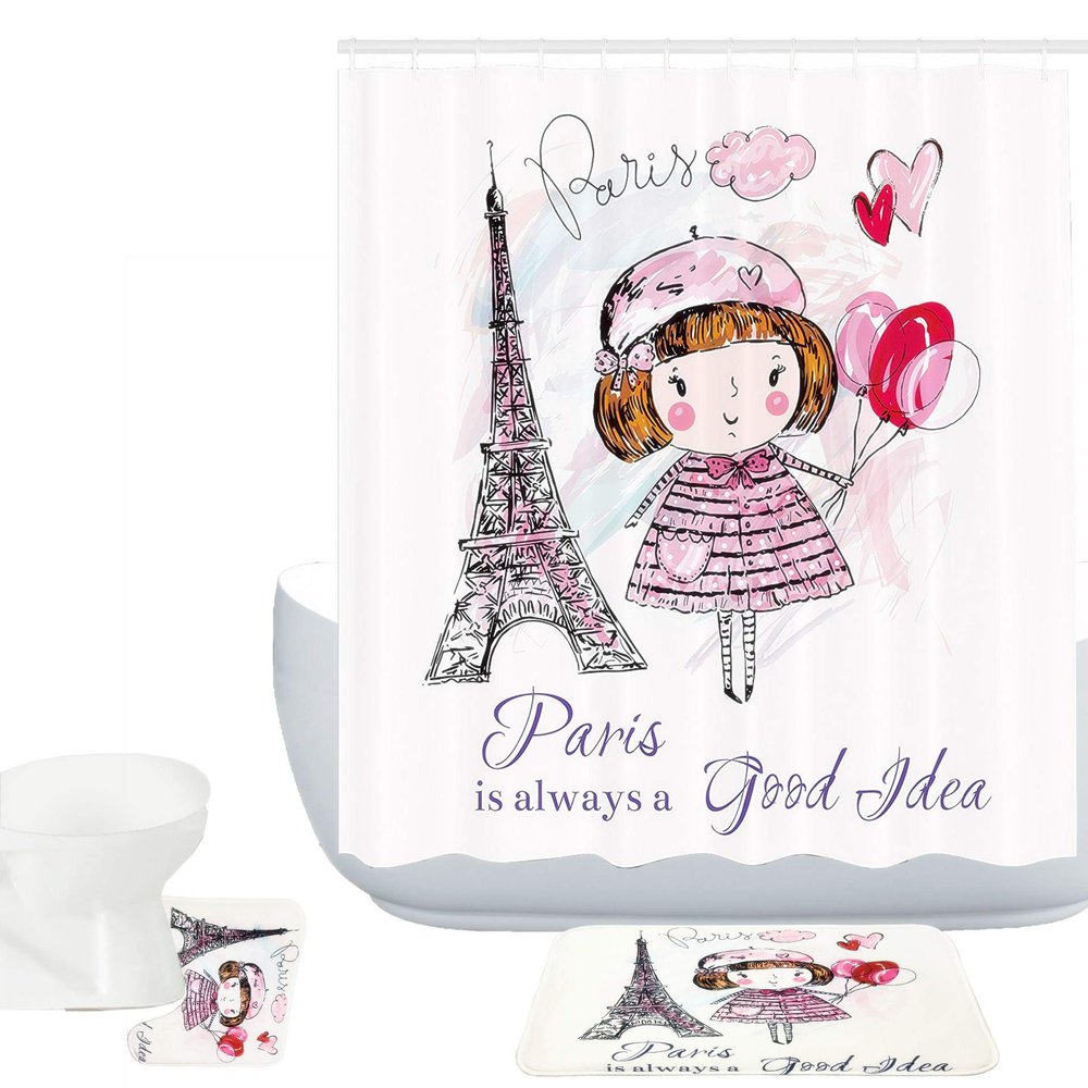 Amagical Paris Eiffel Tower Decor 3 Piece Bathroom Mat Set Shower Curtain Set A Little Girl Holding Balloons Hearts a Cloud and Tower Bath Mat Contour Mat Waterproof Shower Curtain 12 Hooks