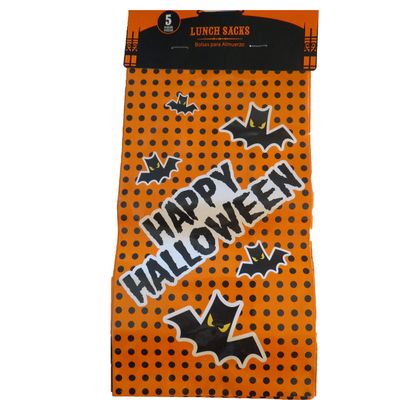 Happy Halloween Orange Bat Lunch Sacks Paper 5 ct 10 1/2" x 6"
