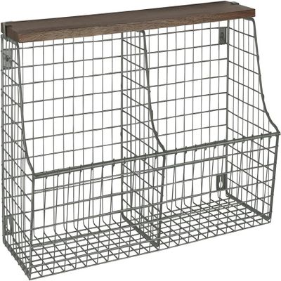 Spectrum Double Bin Hanging Wire Basket with Wood Top Shelf for Entryway Kitchen or Bathroom Storage, Industrial Gray Rustic Wood and Wire Wall Basket Shelf Wall Mount Organizer with 2 Storage Bins