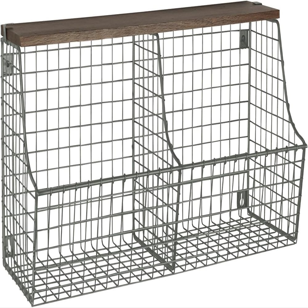 Spectrum Double Bin Hanging Wire Basket with Wood Top Shelf for Entryway Kitchen or Bathroom Storage, Industrial Gray Rustic Wood and Wire Wall Basket Shelf Wall Mount Organizer with 2 Storage Bins