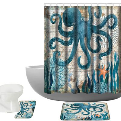 Amagical Sea World Pattern 3 Piece Bathroom Mat Set Shower Curtain Animal Octopus Print Non Slip Blue Bath Mat Pedestal Rug Lid Fabric Waterproof Shower Curtain with 12 Hooks
