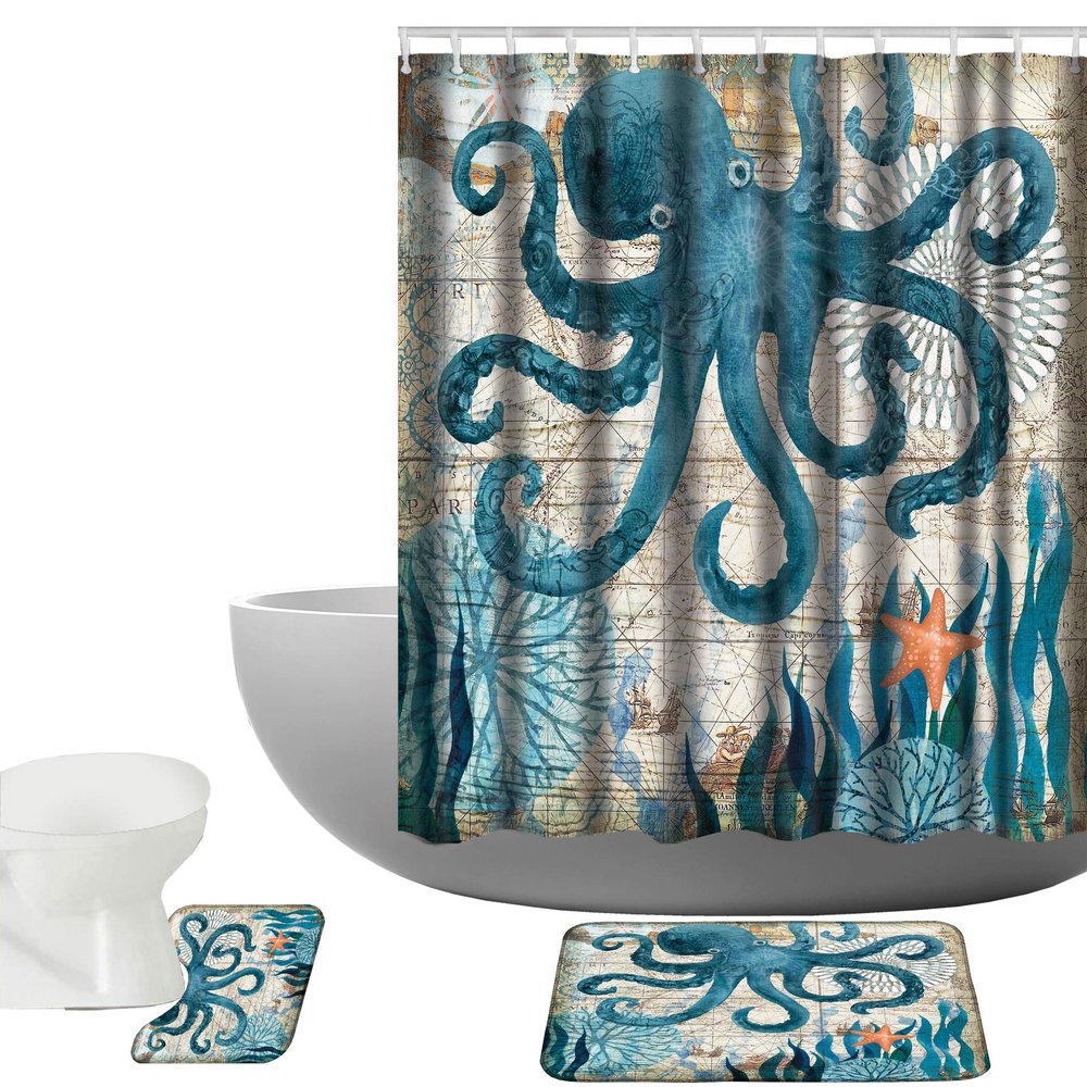 Amagical Sea World Pattern 3 Piece Bathroom Mat Set Shower Curtain Animal Octopus Print Non Slip Blue Bath Mat Pedestal Rug Lid Fabric Waterproof Shower Curtain with 12 Hooks