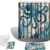 Amagical Sea World Pattern 3 Piece Bathroom Mat Set Shower Curtain Animal Octopus Print Non Slip Blue Bath Mat Pedestal Rug Lid Fabric Waterproof Shower Curtain with 12 Hooks view 1