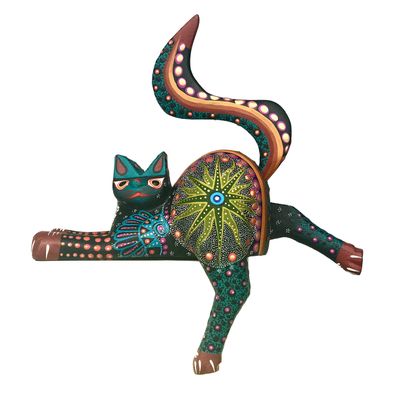 ALKIMIA INC Mexican Alebrije Cat Wood Carving Handcrafted Shelf Sitter Sculpture (Black)