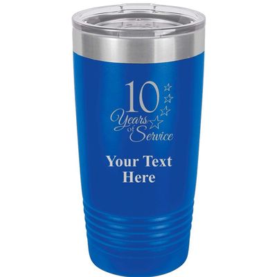 10 Years Of Service Tumbler Gifts - 20 oz Royal Blue Personalized Stainless Steel Tumbler Custom Engraved With Clear Lid, Vacuum Insulated For Hot/Cold Beverages Prime