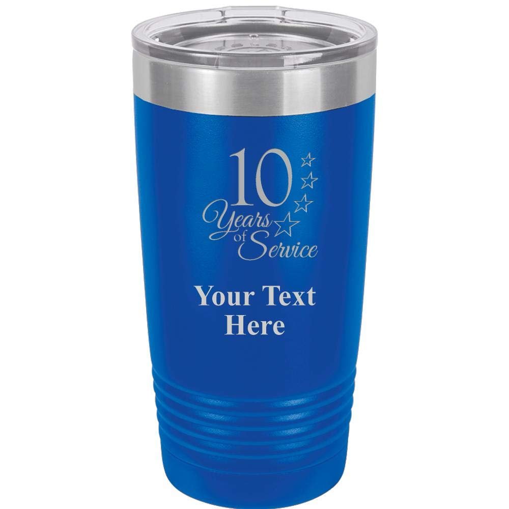 10 Years Of Service Tumbler Gifts - 20 oz Royal Blue Personalized Stainless Steel Tumbler Custom Engraved With Clear Lid, Vacuum Insulated For Hot/Cold Beverages Prime