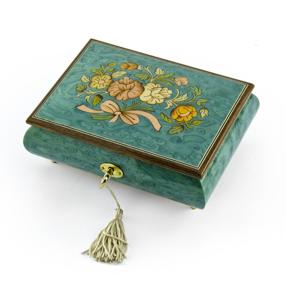 Beautiful 18 Note Turquoise Floral Inlay Musical Jewelry Box with Lock and Key - Many Songs to Choose - Volare