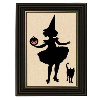 Antique Framed Witch with Pumpkin and Cat Paper Silhouette Handmade Paper Silhouette Halloween Wall Art - 10" x 12"