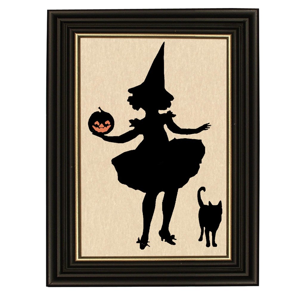 Antique Framed Witch with Pumpkin and Cat Paper Silhouette Handmade Paper Silhouette Halloween Wall Art - 10" x 12"