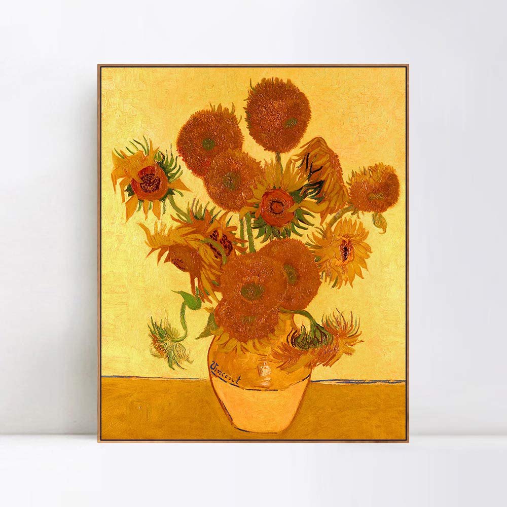 INVIN ART Framed Canvas Giclee Print Art Vase with Fifteen Sunflowers by Vincent Van Gogh Wall Art Living Room Home Office Decorations(Wood Color Slim Frame,20"x24")