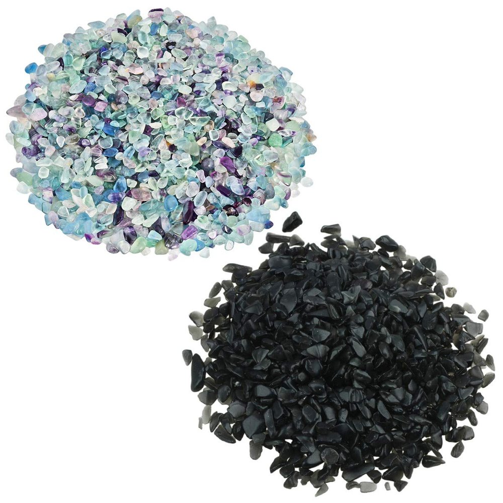 SUNYIK Fluorite/Black Obsidian Tumbled Chips Crystal Crushed Pieces Irregular Shaped 1pound(About 460 gram)