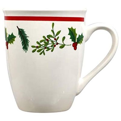 Coffee Mugs White. Set of 2 12 oz Durable Stoneware Retains Heat. Fall, Christmas & Holidays Season Inspired, Adorned with Festive Holly Leaves & Berries Great for Coffee, Tea, Juice, Water, Milk (2)