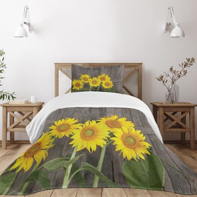 Ambesonne Sunflower Bedspread Set, Helianthus Sunflowers Against Weathered Aged Fence Summer Garden Photo, 3 Piece Decorative Bedding Coverlet and 2 Pillow Shams, Twin Size, Brown Yellow Green