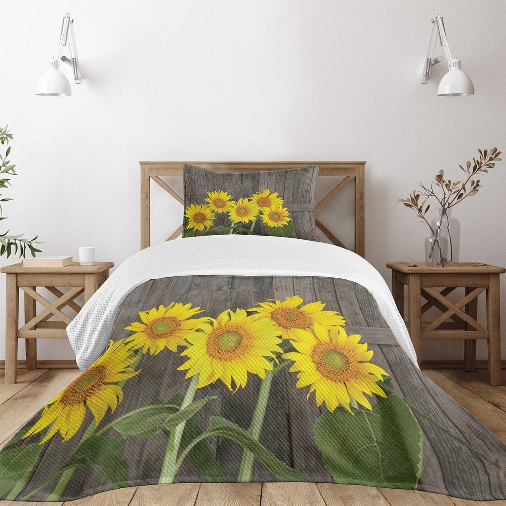 Ambesonne Sunflower Bedspread Set, Helianthus Sunflowers Against Weathered Aged Fence Summer Garden Photo, 3 Piece Decorative Bedding Coverlet and 2 Pillow Shams, Twin Size, Brown Yellow Green