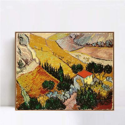 INVIN ART Framed Canvas Giclee Print Art Valley with Ploughman Seen from Above by Vincent Van Gogh Wall Art Living Room Home Office Decorations(Wood Color Slim Frame,20"x24")