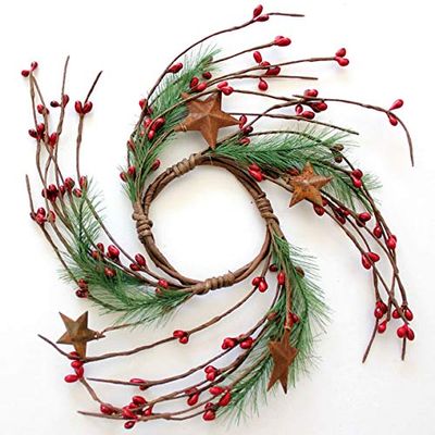 Evron International 2.5 inch Red Primitive Christmas Berries Candle Rings with Rusty Stars Seasonal Decor EV-207N